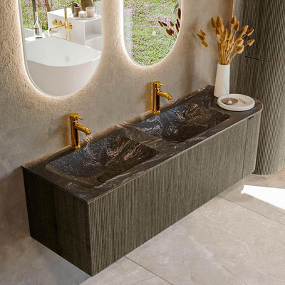 Mondiaz KURVE-DLUX Ensemble de meuble salle de bain - 145x46x40cm - 1 tiroir - 1 porte - lavabo en solid surface - double / gauche - 2 trous de robinet - Shadow