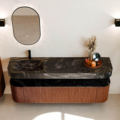 MONDIAZ THOR-DLUX 180cm meuble de salle de bains arrondi gauche + droite couleur Ruby avec 2 tiroirs et 2 portes. Vasque suspendue CLOUD Gauche 1 trou de robinet couleur Lava.