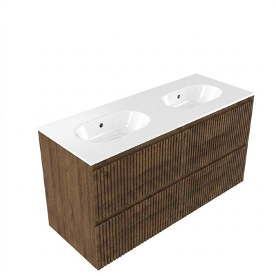 Saniclass Holz Atelier Ensemble de meubles de salle de bains - 120x45x74cm - Chaci lavabo en céramique blanc - 2 vasques - sans trous de robinetterie - 2 tiroirs - chêne charcoal mat (bois)