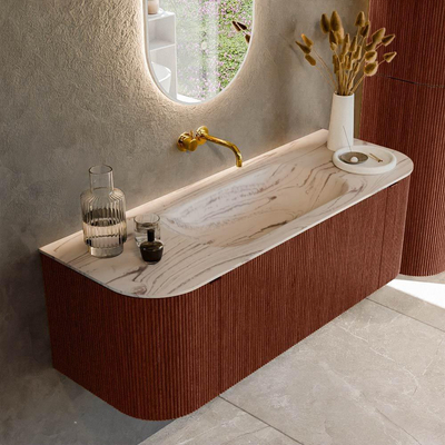 MONDIAZ KURVE-DLUX Meuble de salle de bains 130cm arrondi Gauche + Droite couleur Ruby avec 1 tiroir et 2 portes. Plan-vasque BIG SMALL Central sans trou de robinet Nata.