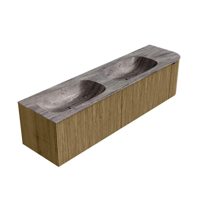 MONDIAZ KURVE-DLUX 175cm meuble de salle de bains arrondi Droite couleur Dusk avec 2 tiroirs et 1 porte. Lavabo STOR SMALL Double / Gauche sans trou de robinet Oza.