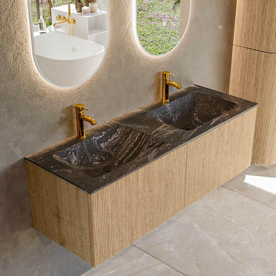 MONDIAZ KURVE-DLUX 130cm badmeubel kleur Oak met 2 lades. Wastafel LEAF dubbel 2 kraangaten kleur Lava.