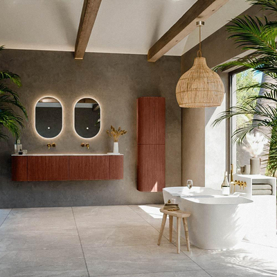 Ensemble de meuble de salle de bain Mondiaz KURVE-DLUX - 180x46x40cm - 2 tiroirs - 2 portes - lavabo en solid surface - double - sans trou de robinet - Ruby