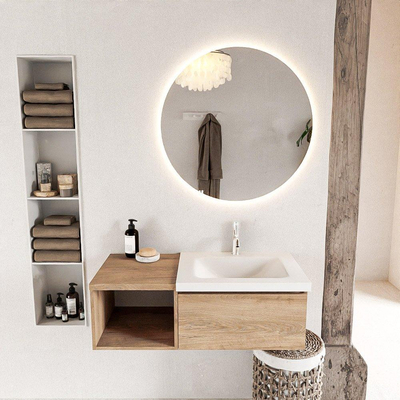 MONDIAZ BUKLA meuble de salle de bain 100cm avec module ouvert 40 couleur Chêne blanchi avec 1 tiroir. Lavabo CLOUD à droite 1 trou de robinet couleur Talc.