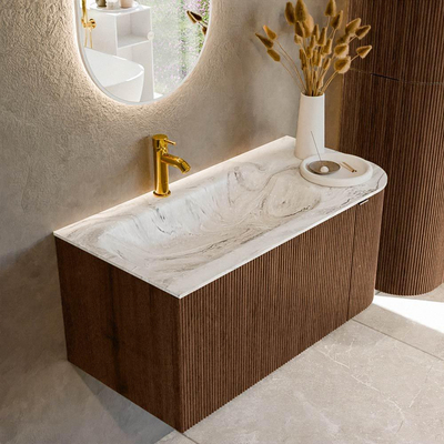 MONDIAZ KURVE-DLUX Meuble de salle de bains 95 cm avec module 25 R couleur Walnut avec 1 tiroir et 1 porte. Lavabo BIG SMALL gauche 1 trou de robinet couleur Glace.