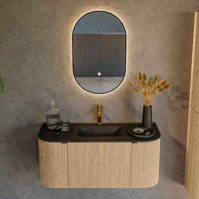 MONDIAZ KURVE 100cm badmeubel met module 25 Len R kleur Oak met 1 lade en 2 deuren. Wastafel GRUNNE midden 1 kraangat Urban.