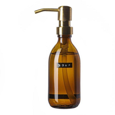 Wellmark Handzeep bruin glas messing pomp 250ml tekst SOAP Zwart label SHOWROOMMODEL