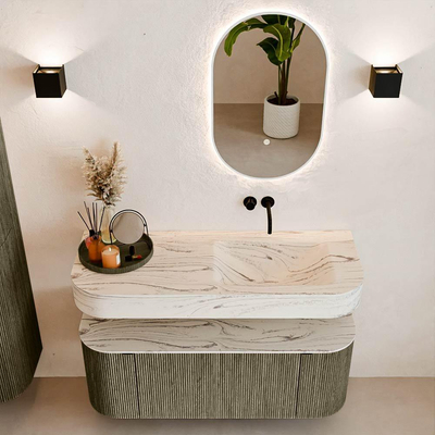 MONDIAZ THOR-DLUX 120cm meuble de salle de bains arrondi gauche + droite couleur Shadow avec 1 tiroir et 2 portes. Vasque suspendue CLOUD Droite sans trou de robinet couleur Nata.