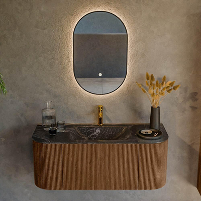 MONDIAZ KURVE-DLUX 110cm Meuble salle de bain avec module 25 G et D - couleur Walnut - 1 tiroir - 2 portes - vasque CLOUD centre - 1 trou de robinet - couleur Lava