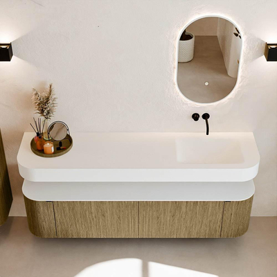 MONDIAZ THOR Meuble de salle de bains 180cm arrondi gauche + droite couleur Dusk avec 2 tiroirs et 2 portes. Vasque suspendue CLOUD Droite sans trou de robinet couleur Talc.