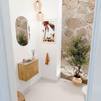 Mondiaz JOYA-DLUX 50cm toiletmeubel - kleur Oak - Wastafel FAYE positie Links 1 kraangat kleur Saba.