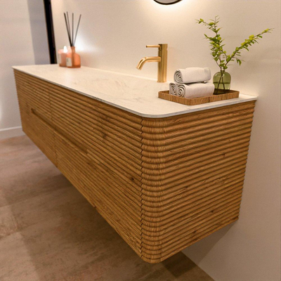Mondiaz CIRO-DLUX Badkamermeubelset - 180x45x50cm - Solid surface wastafel Opalo - 1 wasbak Rechts - 1 kraangat - 4 lades - Oak