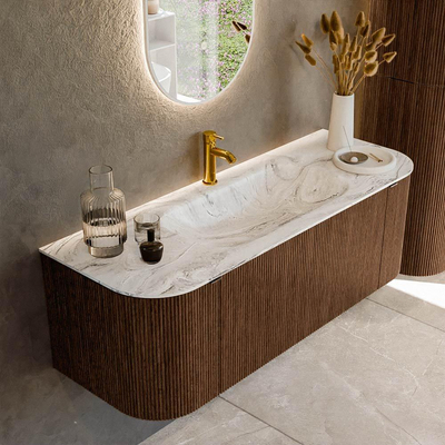 MONDIAZ KURVE-DLUX 130cm badmeubel met module 25 Len R kleur Walnut met 1 lade en 2 deuren. Wastafel BIG SMALL midden 1 kraangat kleur Glace.