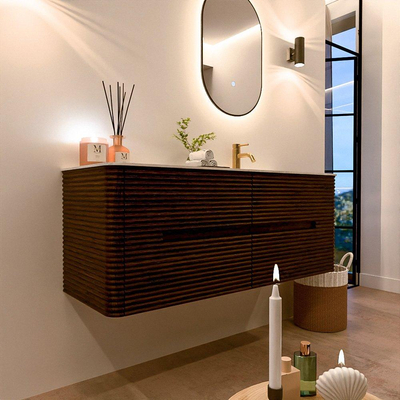 Mondiaz CIRO-DLUX Badkamermeubelset - 130x45x50cm - Solid surface wastafel Opalo - 1 wasbak Rechts - 1 kraangat - 4 lades - Walnut