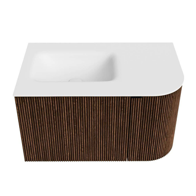 MONDIAZ KURVE meuble de salle de bains 75cm avec module 25 R couleur noyer avec 1 tiroir et 1 porte. Lavabo GRUNNE gauche sans trou de robinet Talc.