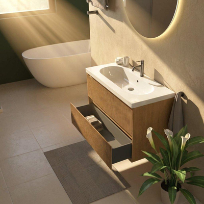 Saniclass Holz Atelier Ensemble de meubles de salle de bains - 100x45x63.5cm - lavabo en céramique Palermo blanc - 1 vasque - 1 trou de robinetterie - 2 tiroirs - chêne natural mat (bois)
