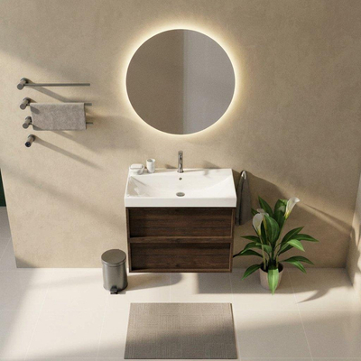Saniclass Holz Frame Ensemble meuble de salle de bains - 80x45x67.5cm - lavabo Wave en céramique - 1 vasque - 1 trou de robinetterie - 2 tiroirs - chêne charcoal mat (bois)