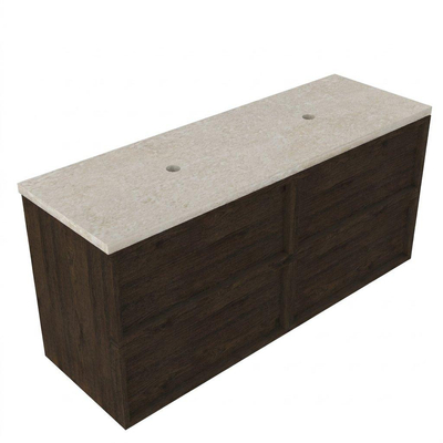 Saniclass Holz Frame Badkamermeubelset - 140x45x63cm - Travertine natuurstenen topblad - zonder kraangat - 4 lades - mat eiken charcoal (hout)