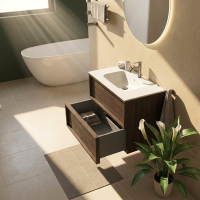 Saniclass Holz Frame Ensemble de meubles de salle de bains - 80x45x61.5cm - Flow lavabo en Solid Surface blanc - 1 vasque - 1 trou de robinetterie - 2 tiroirs - chêne charcoal mat (bois)