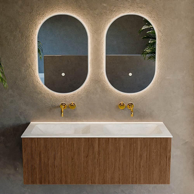 MONDIAZ KURVE-DLUX 120cm Meuble salle de bain - couleur Walnut - 1 tiroir - vasque LEAF double - sans trou de robinet - couleur Opalo