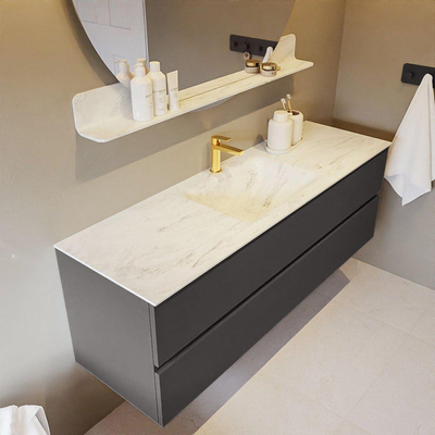 Mondiaz VICA-DLUX ensemble de meuble de salle de bain - 150cm - meuble sous-vasque gris foncé - 2 tiroirs - lavabo encastré nuage milieu - 1 trou de robinet - version haute de 60cm - opalo