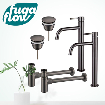 FugaFlow Eccelente Sobrado Badkamer Slim Wastafelkraanset - voor dubbele wastafel - verhoogde wastafelkraan - klikwaste plug - design sifon - PVD Gepolijst Gunmetal