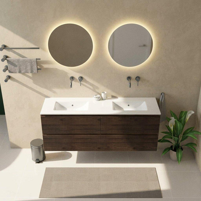 Saniclass Holz Atelier Ensemble de meubles de salle de bains - 160x45x62cm - Lavabo Vygo en céramique blanc - 2 vasques - sans trous de robinetterie - 4 tiroirs - chêne charcoal mat (bois)