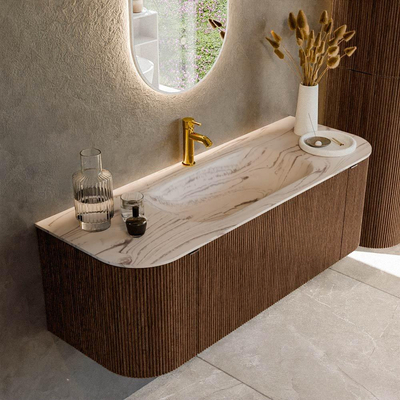 MONDIAZ KURVE-DLUX 130cm badmeubel ronding Links + Rechts kleur Walnut met 1 lade en 2 deuren. Wastafel BIG SMALL Midden 1 kraangat Nata.