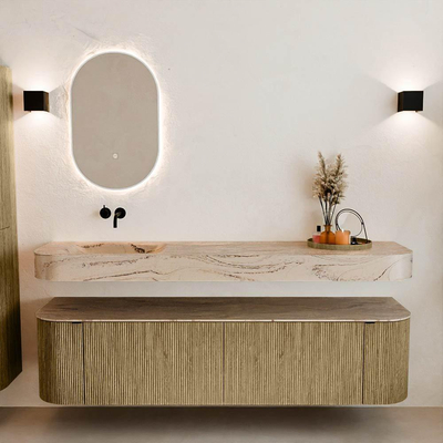 MONDIAZ THOR-DLUX 180cm meuble de salle de bains arrondi gauche + droite couleur Dusk avec 2 tiroirs et 2 portes. Vasque suspendue CLOUD gauche sans trou de robinet couleur Arena.