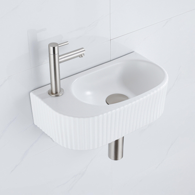 QeramiQ Fuente Ensemble de Lavabo - 40x21.5x12cm - gauche - strié - demi-rond - 1 trou de robinet - céramique - ensemble de robinet en acier inoxydable brossé - bouchon de vidange - siphon réduit - blanc mat