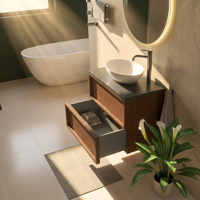 Saniclass Holz Frame Ensemble de meubles de salle de bains - 80x45x63cm - Plan vasque en basalte Noche poli (noir) - 1 trou de robinet - 2 tiroirs - walnut pure mat (bois)