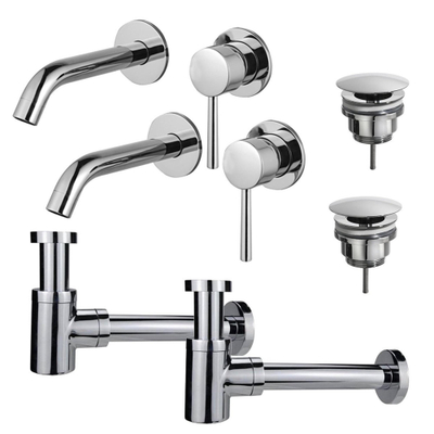 Fortifura Calvi Kit robinet lavabo - pour double vasque - robinet rehaussé - bonde non-obturable - siphon design bas - Chrome brillant