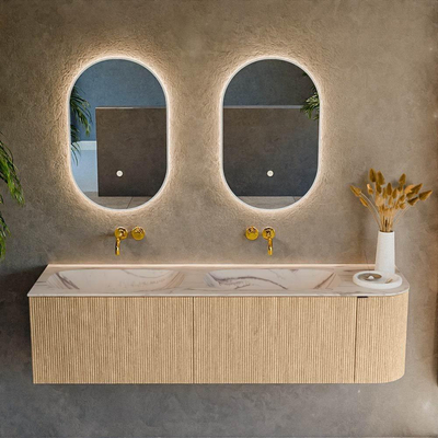 MONDIAZ KURVE-DLUX 165cm meuble de salle de bains arrondi Droite couleur Chêne avec 2 tiroirs et 1 porte. Lavabo STOR SMALL Double / Gauche sans trou de robinet Nata.