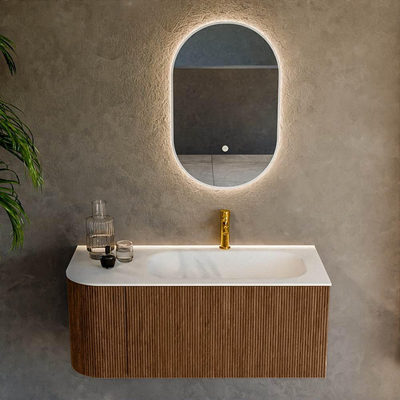 MONDIAZ KURVE 105cm Meuble salle de bain avec module 25 G - couleur Walnut - 1 tiroir - 1 porte - vasque BIG SMALL droite - 1 trou de robinet - Talc