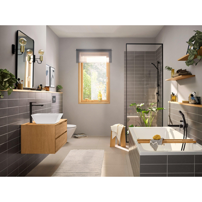 Hansgrohe Rebris E 1-gats highriser wastafelkraan 240 coolstart m. waste mat zwart