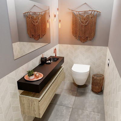 MONDIAZ ANDOR Toiletmeubel 120x30x30cm met 1 kraangaten 1 lades light brown grey mat Wastafel Lex rechts Solid Surface Zwart