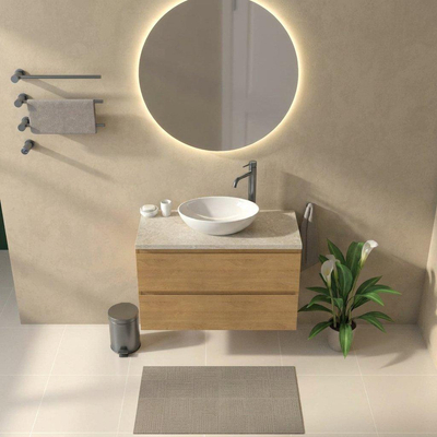 Saniclass Holz Pure Ensemble meuble de salle de bains - 100x45x63cm - Plan de travail en pierre naturelle travertin - 1 trou de robinetterie - 2 tiroirs - chêne natural mat (bois)