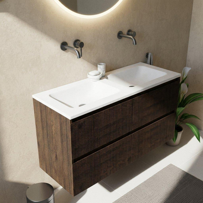 Saniclass Holz Atelier Ensemble meuble de salle de bains - 120x45x77.5cm - lavabo Torino solid surface blanc - sans trou de robinetterie - 2 tiroirs - chêne charcoal mat (bois)
