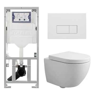 Pack WC QeramiQ Dely Swirl Compact - réservoir encastrable Geberit UP320 - avec bâti-support Burda - abattant 25 mm - plaque de commande en métal blanc mat - boutons rectangulaires - blanc mat