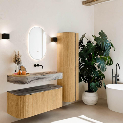 MONDIAZ THOR-DLUX 110cm meuble de salle de bains arrondi gauche + droite couleur Chêne avec 1 tiroir et 2 portes. Vasque suspendue CLOUD droite sans trou de robinet couleur Sombra.