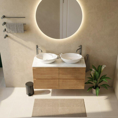 Saniclass Holz Atelier Ensemble meuble de salle de bains - 120x45x63cm - Plan vasque en marbre Dia poli (blanc) - 2 trous de robinetterie - 2 tiroirs - chêne natural mat (bois)