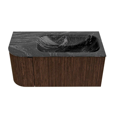MONDIAZ KURVE-DLUX Meuble de salle de bains 95 cm avec module 25 L couleur Walnut avec 1 tiroir et 1 porte. Lavabo BIG SMALL à droite 1 trou de robinet couleur Lava.