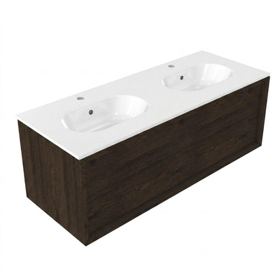 Saniclass Holz Frame Ensemble meuble de salle de bains - 120x45x54cm - Vasque en céramique Chaci blanche - 2 vasques - 2 trous de robinetterie - 1 tiroir - chêne charcoal mat (bois)