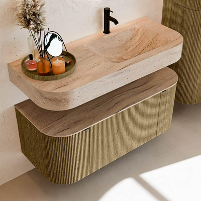 MONDIAZ THOR-DLUX 110cm meuble de salle de bains arrondi gauche + droite couleur Dusk avec 1 tiroir et 2 portes. Vasque suspendue CLOUD Droite 1 trou de robinet couleur Saba.