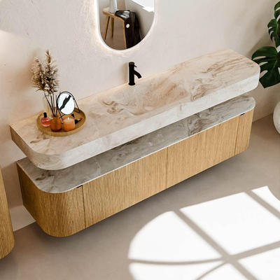 MONDIAZ THOR-DLUX Meuble de salle de bains - 190cm - arrondi gauche + droite - couleur Oak - 2 tiroirs - 2 portes - Vasque suspendue CLOUD centrale 1 trou de robinet couleur Frappe