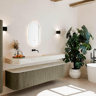 MONDIAZ THOR-DLUX Meuble de salle de bains 190cm arrondi gauche + droite couleur Shadow avec 2 tiroirs et 2 portes. Vasque suspendue CLOUD Milieu sans trou de robinet couleur Ostra.