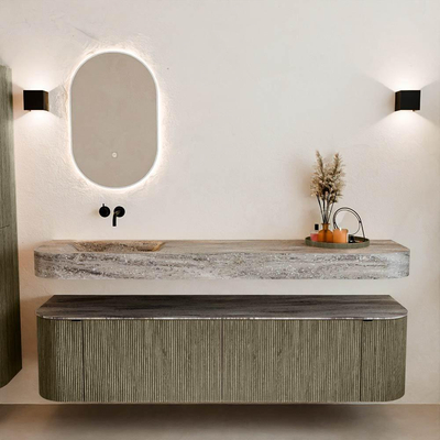 MONDIAZ THOR-DLUX Meuble de salle de bains 180cm arrondi gauche + droite couleur Shadow avec 2 tiroirs et 2 portes. Vasque suspendue CLOUD Gauche sans trou de robinet couleur Oza.