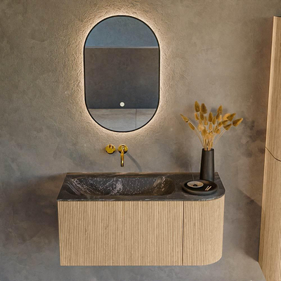 MONDIAZ KURVE-DLUX 95cm Meuble salle de bain avec module 25 D - couleur Oak - 1 tiroir - 1 porte - vasque BIG SMALL gauche - sans trou de robinet - couleur Lava