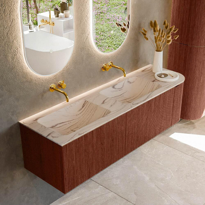 MONDIAZ KURVE-DLUX Meuble de salle de bains 155cm arrondi à droite couleur Ruby avec 2 tiroirs et 1 porte. Lavabo LEAF Double / Gauche sans trou de robinet Nata.