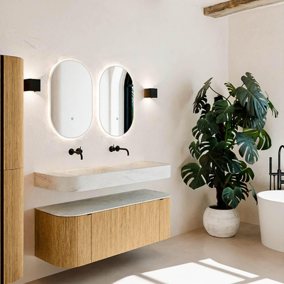 MONDIAZ THOR-DLUX 130cm meuble de salle de bains arrondi gauche + droite couleur Oak avec 1 tiroir et 2 portes. Vasque suspendue CLOUD Double sans trou de robinet couleur Opalo.